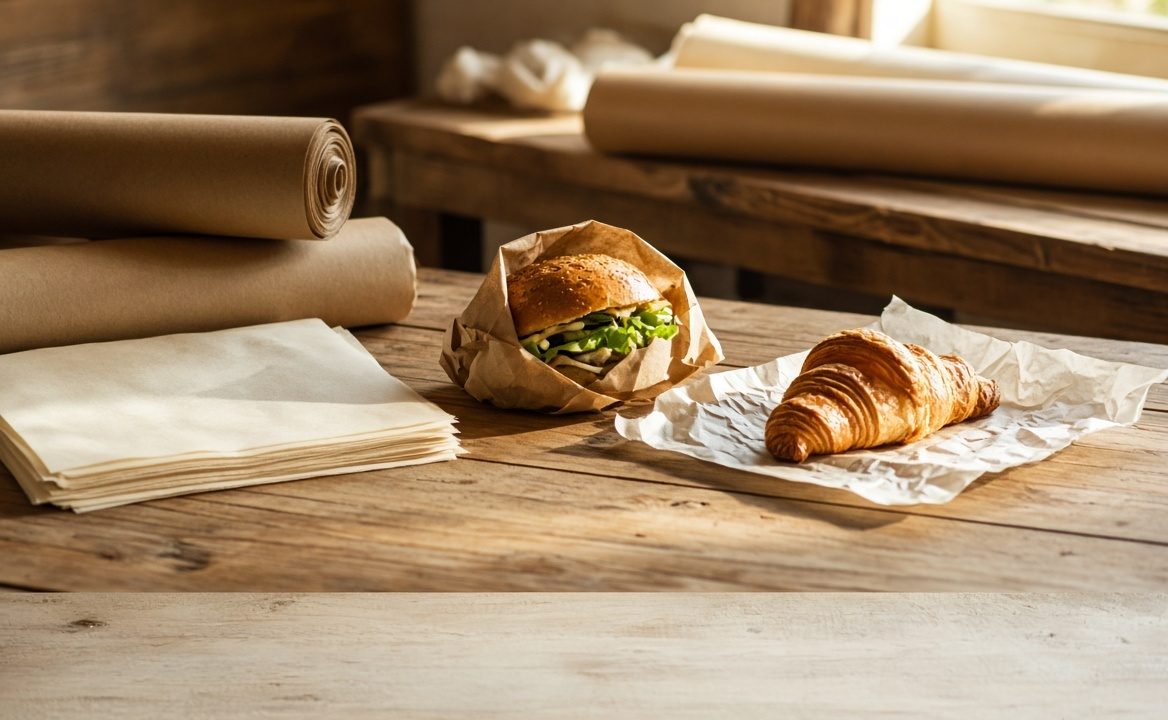 Food-grade kraft and greaseproof papers used for burgers, bakery, and takeaway packaging